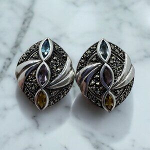 Sterling Silver Earrings Multi Gemstone Marcasite Amethyst‎ Citrine Topaz .925
